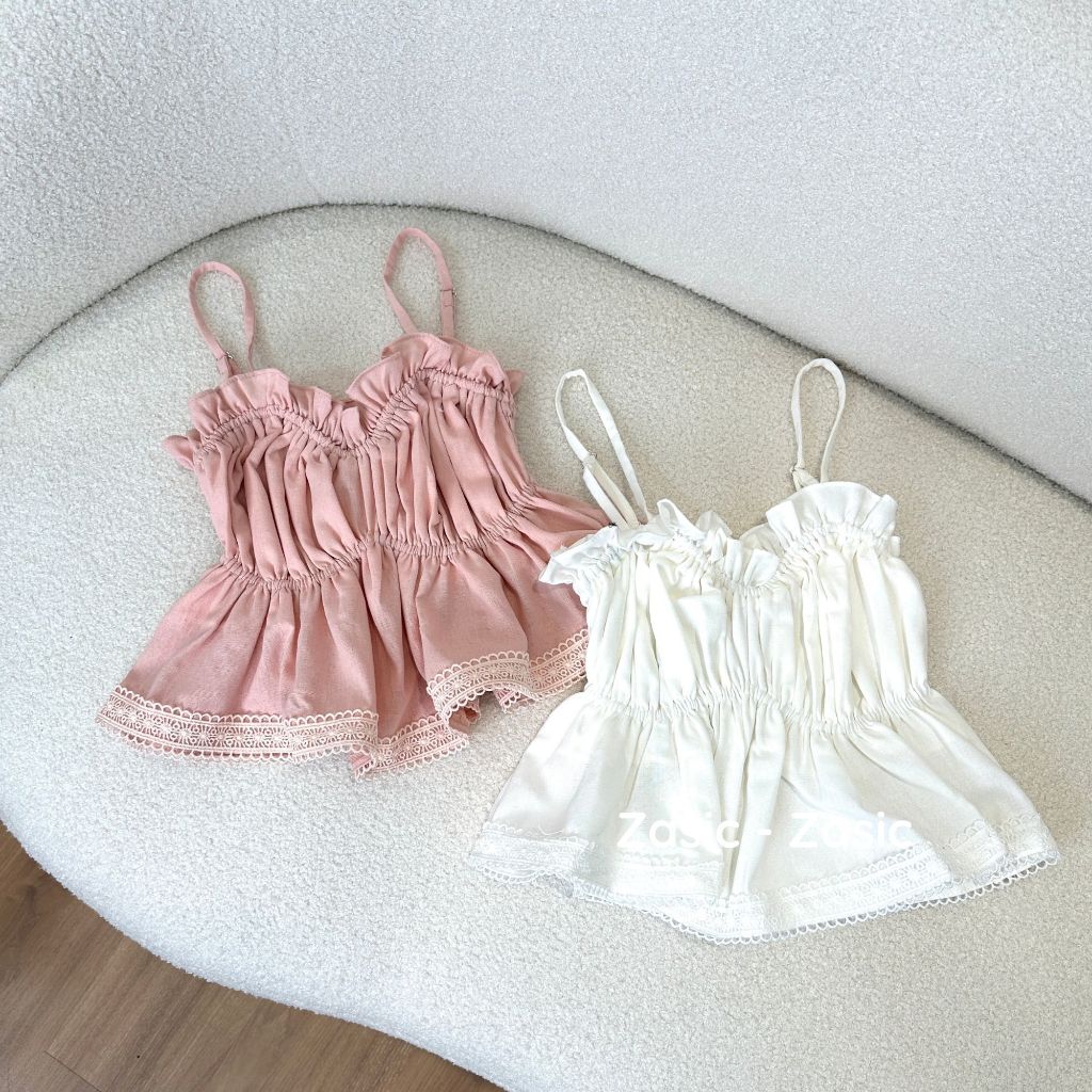 Áo 2 dây croptop Zasic nhún bèo phối ren sang chảnh A04