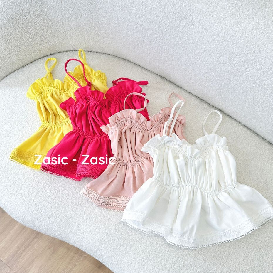 Áo 2 dây croptop Zasic nhún bèo phối ren sang chảnh A04