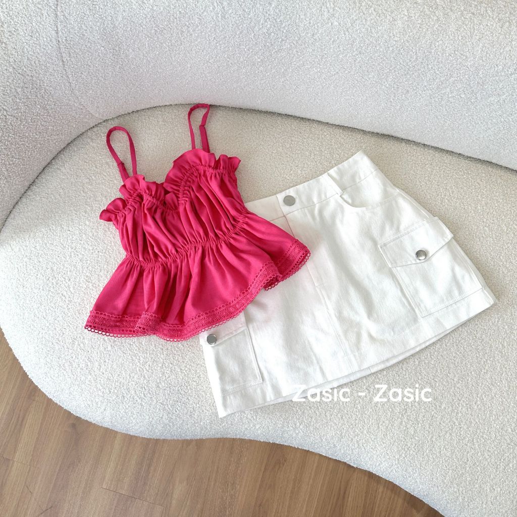 Áo 2 dây croptop Zasic nhún bèo phối ren sang chảnh A04