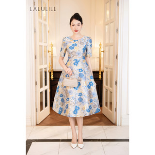 Đầm tiệc LALULILL dáng A xòe gấm hoa xanh dương LDL2325601