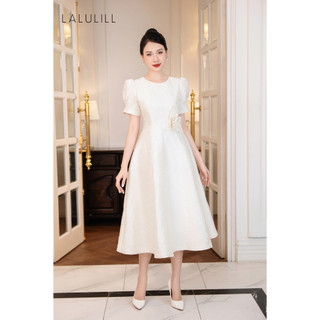 Đầm tiệc LALULILL dáng A tay bồng hoa đính eo gấm trắng kem LDL2324801