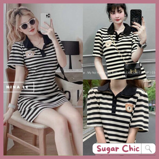 Đầm polo body kẻ sọc thêu gấu đáng yêu, Đầm thun gân kẻ sọc thêu hình gấu cổ áo polo dáng suông xinh xắn, đầm đẹp M21