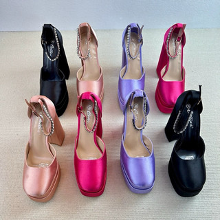 🌹 ORDER 🌹 Giày satin đế đúp mũi tròn dây đá 14cm 35-40 xuất Âu