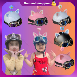 Nón bảo hiểm trẻ em kính phi công 3-13 tuổi gắn phụ kiện tai mèo bông hoa kuromi , mũ bảo hiểm trẻ em HTP chính hãng