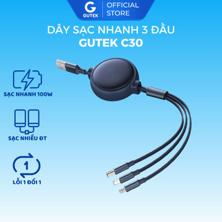  Dây sạc 3 đầu Gutek GTS8 sạc nhanh 100W cho dòng điện thoại cổng Type-C Androi iP Light dây rút gọn gàng 
