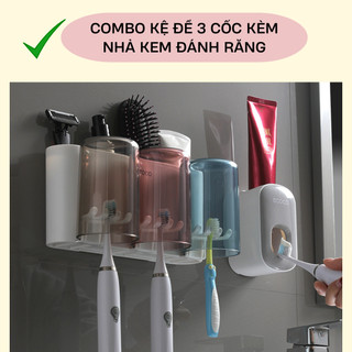 COMBO Kệ để cốc đánh răng kèm nhả kem đánh răng tự động 3 cốc Ecoco cao cấp