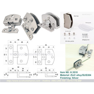 Bản lề inox cho cánh tủ kính dạng kẹp không khoét lỗ H3510