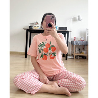  Sét bộ nữ Quần dài kẻ Caro Áo thun Cotton ngắn tay in hình Đồ bộ mặc nhà Nữ Quần dài sét đồ mặc tết 2024 