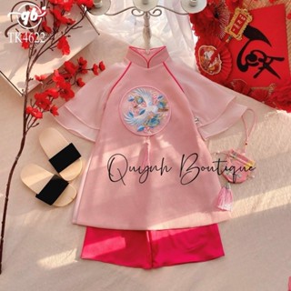 Áo dài cách tân cho bé gái thêu hoa sen, áo dài tết cho bé gái tay lửng 2 tầng sz 10-30kg