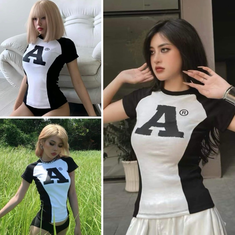 Áo Thun Nữ Chữ A Trắng Tay Đen Vải Bo Gân Ôm Body Tay Ngắn