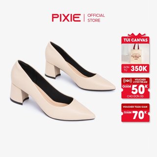 Giày Cao Gót Đế Vuông 5cm Mũi Nhọn Basic Màu Kem Pixie P055