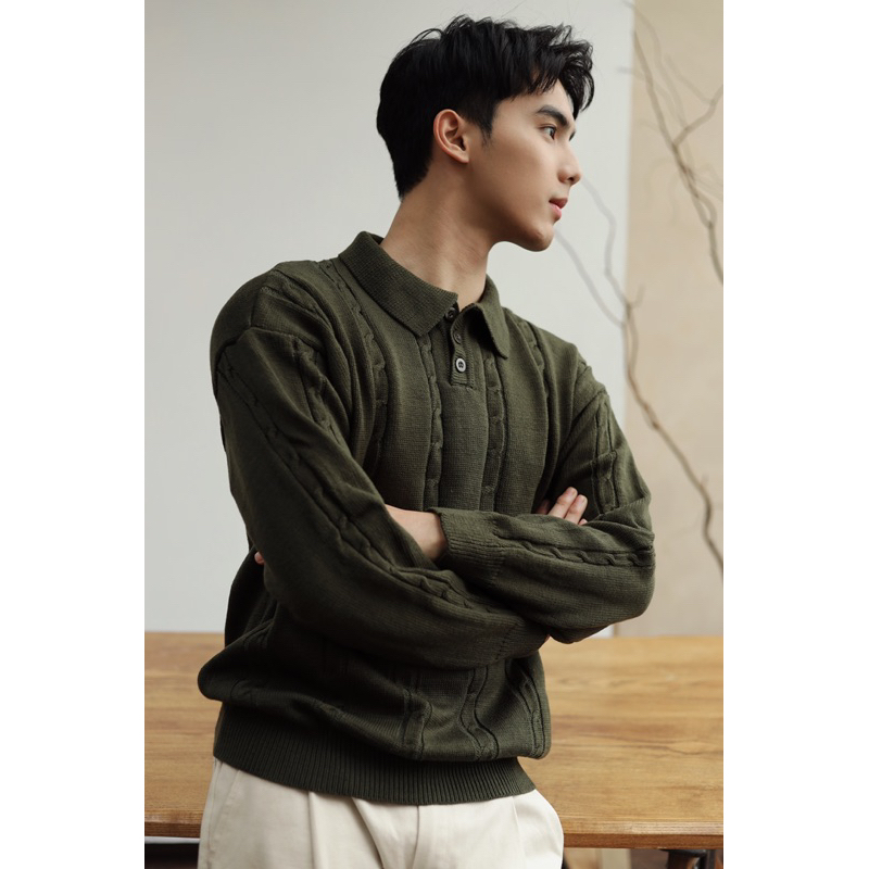 Áo polo len nam RLEN xanh rêu chất len dày dặn