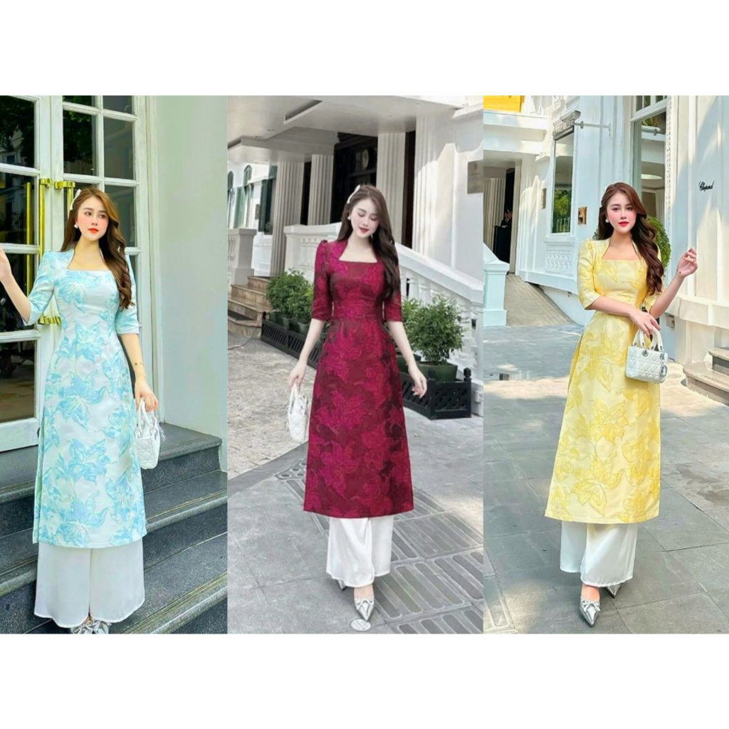 Áo dài cách tân chất liệu gấm dệt hoa nổi nhiều màu dáng lửng