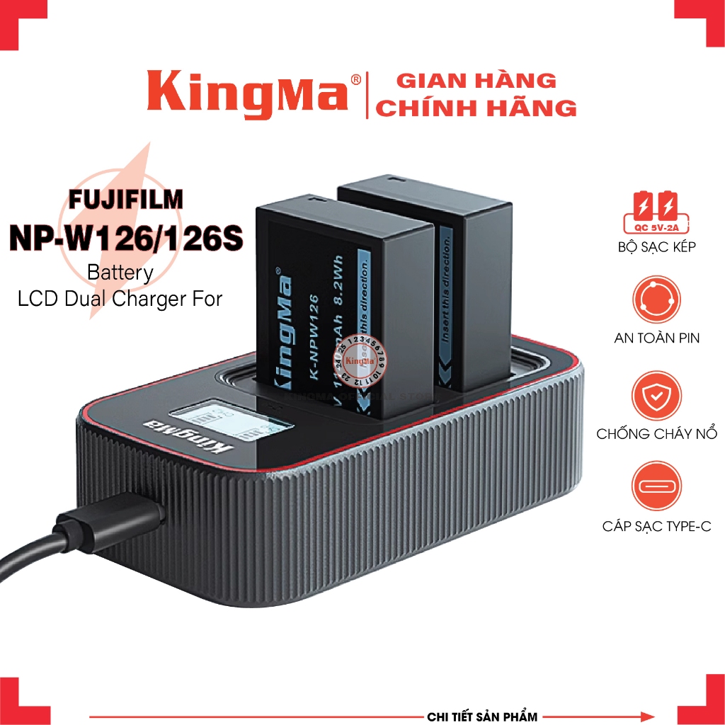 Bộ 2 Pin + 1 Dock Sạc Đôi NP-W126/126S Chính Hãng KINGMA. Dung Lượng 1140mAh. Phiên Bản Mới Nhất V3 (Bảo Hành 12 Tháng)