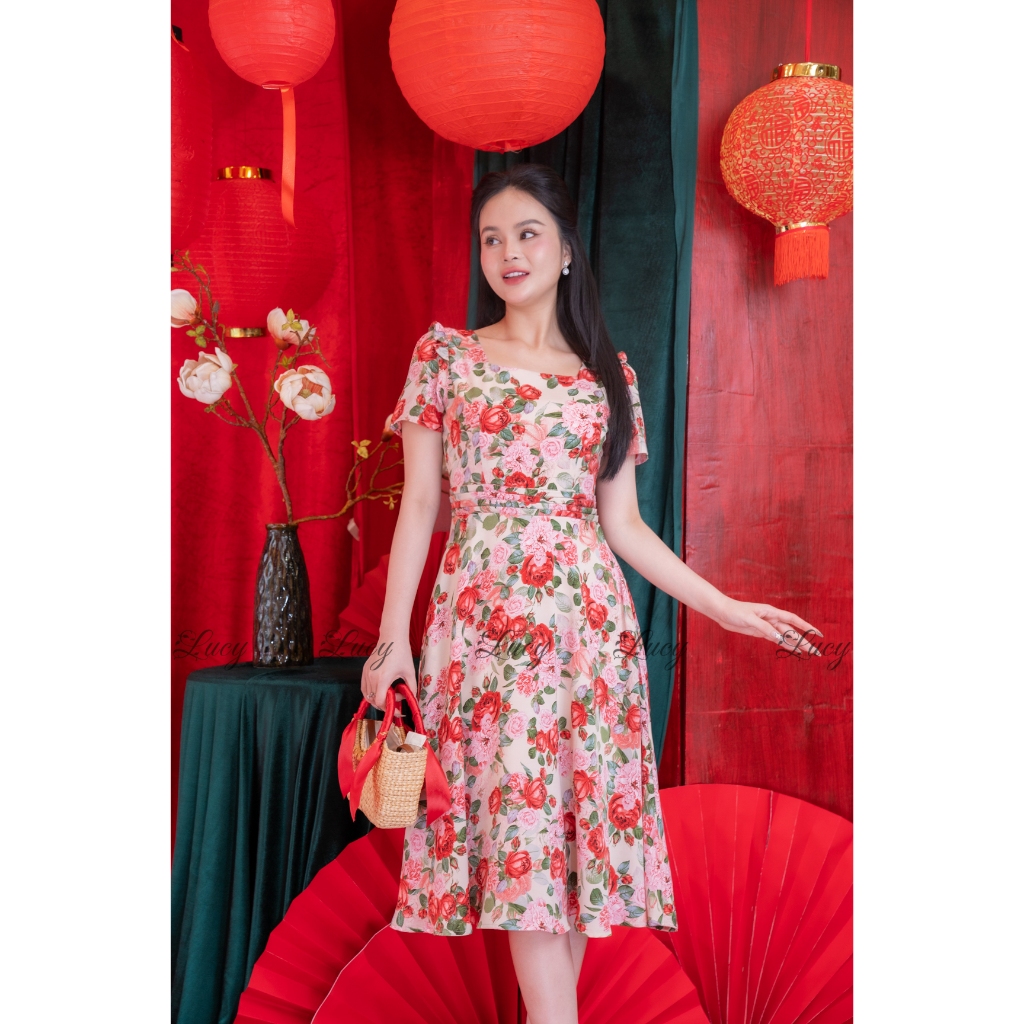 Đầm xòe Andrea 4880 cổ vuông lụa mango Váy Lucy