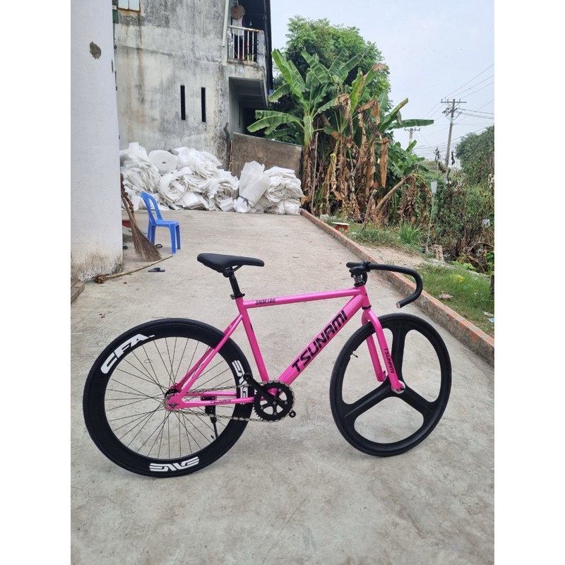xe đạp thể thao fixed gear và single Hồng bánh trước 3 đao bánh sau 6cm( kèm strap và đồ lắp )
