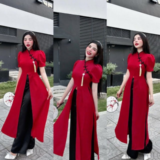 Set áo dài cách tân kiểu mới xẻ tà cổ tàu