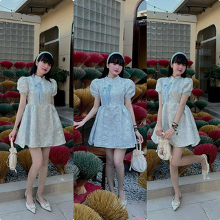 Đầm gấm xanh nơ xanh