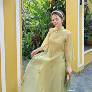 Áo Dài Tết Áo Dài Cách Tân Nhã Kỳ 4 Tà Tơ Thêu Hoa Nổi Màu Xanh Cốm Cao Cấp ADNM030 - Áo Dài Nhà Mây