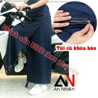 váy chống nắng xẻ tà chất jean trơn mềm mại dày dặn xòe rộng dài cố định bằng miếng dán và nút bấm
