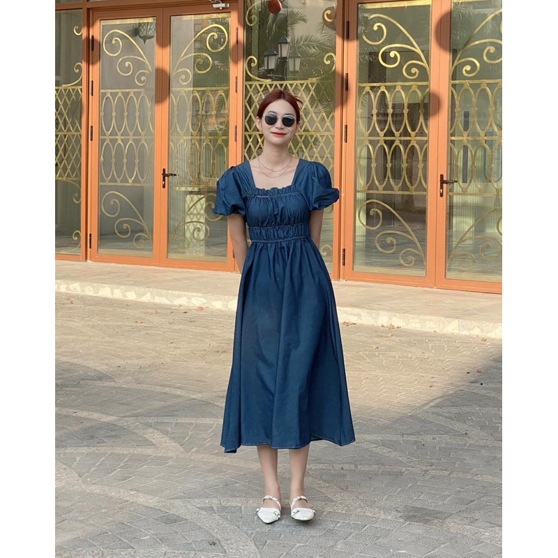 𝐃𝐞𝐧𝐢𝐦 𝐃𝐫𝐞𝐬𝐬 𝟎𝟑 - Đầm denim cổ vuông tay bồng