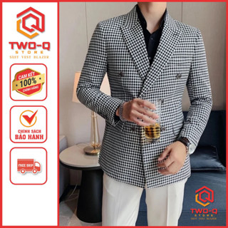 Áo Khoác Vest Blazer Nam Kẻ Caro Phối Trắng Đen Cao Cấp trẻ trung phong cách Hàn Quốc - TwoQ STORE