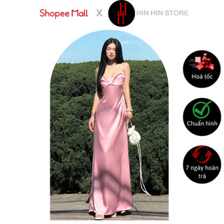 Đầm HDT337 lụa hai dây hở lưng dài maxi màu hồng Hỉn Hỉn Store