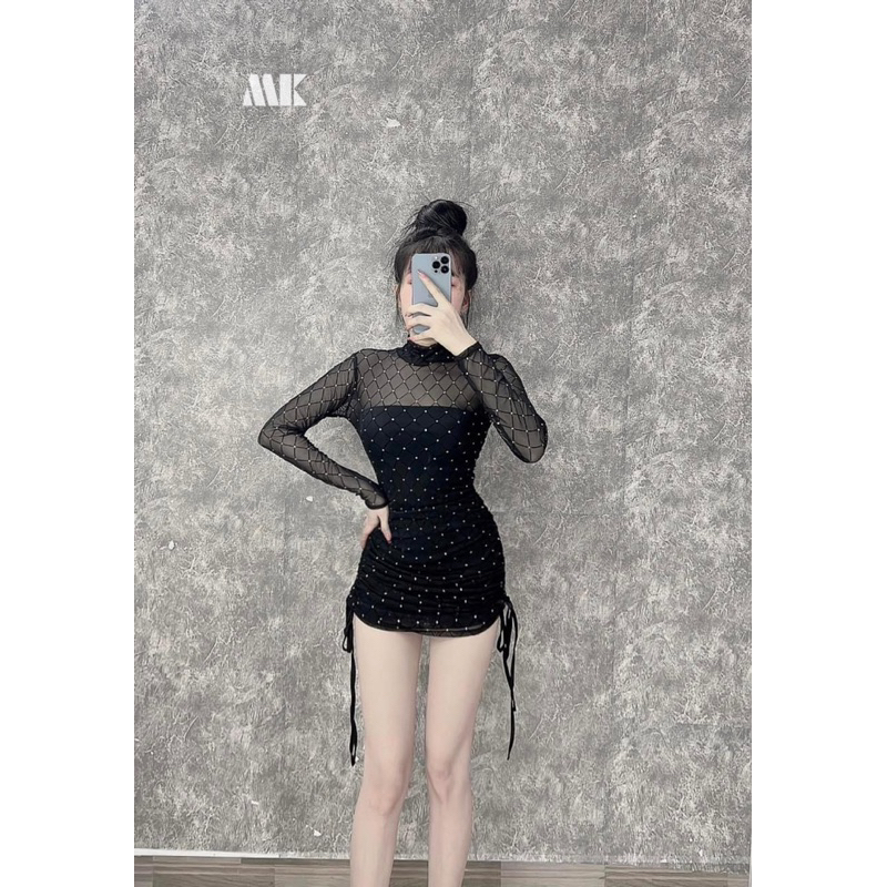 đầm body chất lưới tay dài đính hạt rút dây 1 bên sexy k