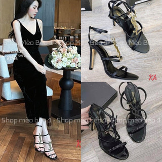 Sandal quai ngang tag logo cách điệu gót nhọn fullbox
