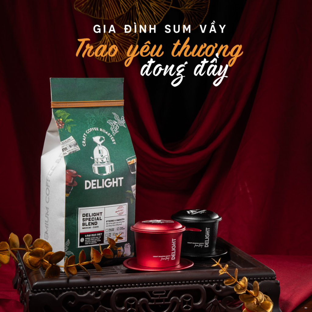 [Set Quà Tặng Cà Phê Đặc Biệt] 500gr DELIGHT kèm Phin nhôm DELIGHT cao cấp | Cafe nguyên chất Arabic