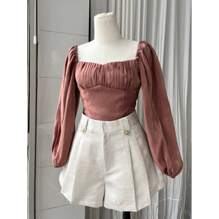 Áo Nhún Ngực Tay Phồng Khóa Kim Loại Sau Lưng Màu Đồng - HOO DESIGN