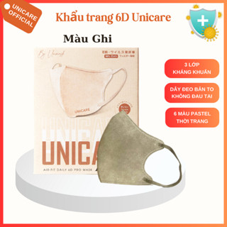 [ Thùng 100 chiếc ] UNICARE Khẩu trang 6D Màu Ghi Chính Hãng Quai Chun Mềm Mại Chống Thấm Nước Cản Tia UV UNIMASK68