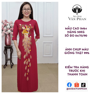 Tặng 45 áo dài thêu vải chiffon đỏ đô thêu con công