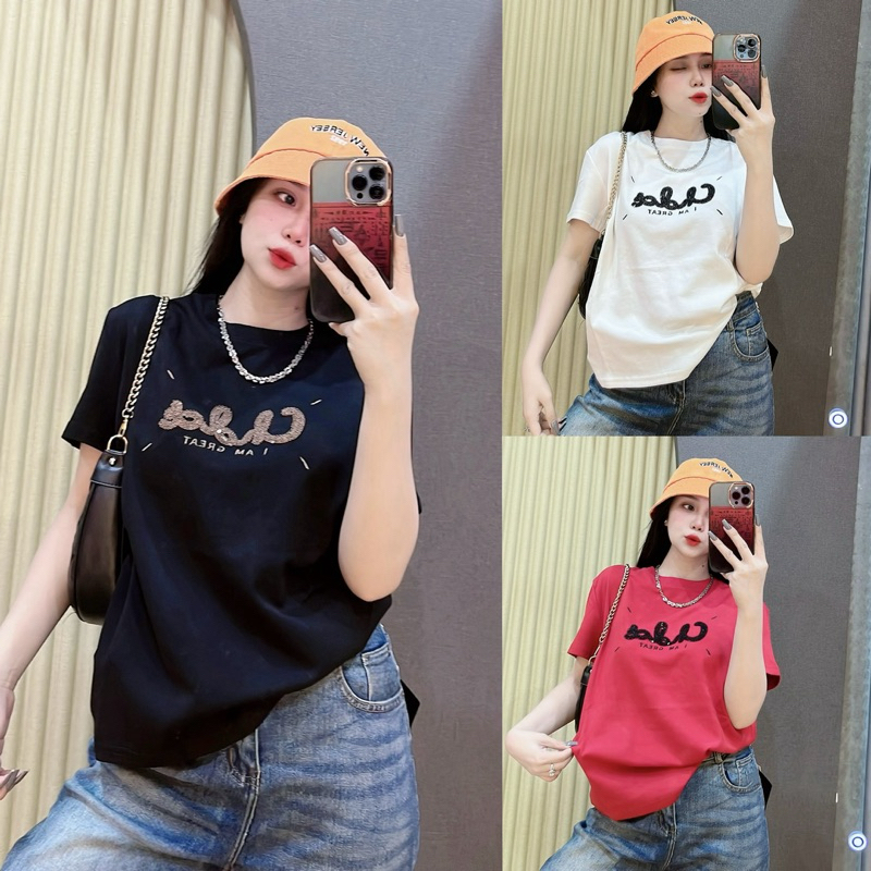 Áo thun cotton Thái nữ dáng vừa phối chữ THÊU ( Mã THÁI THÊU Chld )