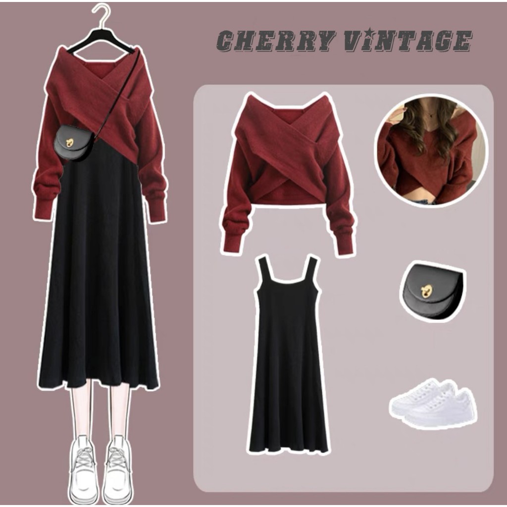 Set áo len trễ vai vạt chéo và váy len hai dây dáng dài