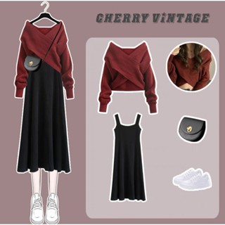 Set áo len trễ vai vạt chéo và váy len hai dây dáng dài