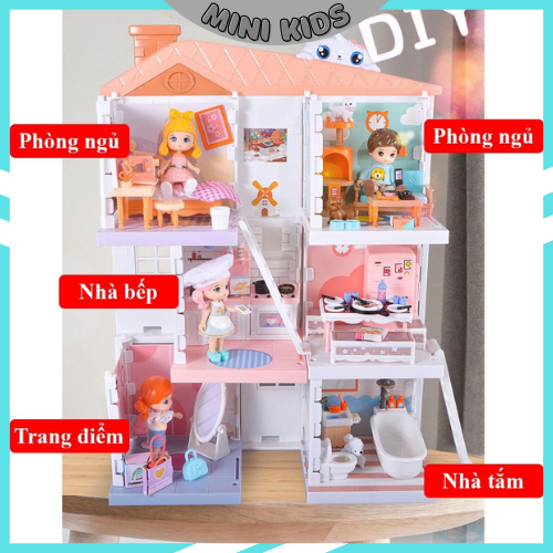 Đồ Chơi Mô Hình Ngôi Nhà Búp Bê Little World 4In1 Cao Cấp, biệt thự búp bê Ngôi nhà búp bê 3 tầng cỡ lớn cho bé gái