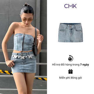Chân váy jean CHICMONKI lưng thấp màu xanh nhạt chất liệu co giãn - CMJ1402