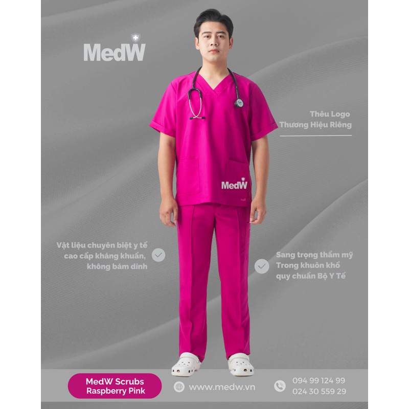 MedW Zeus Scrubs (Nam) Hồng Đỏ Raspberry Bộ Trang Phục Y Tế Thẩm Mỹ Spa Phòng Khám dáng suông 10 túi xếp ly không nhăn