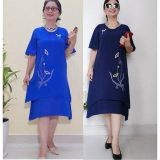 Đủ Size Từ 48Kg - 86Kg - Váy Đầm Trung Niên - Vải Voan 2 Lớp Thêu Hoa Tà Cong - Dáng Suông A