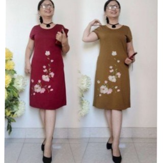 Váy Đầm Trung Niên Thêu Hoa - Vải Umi Co Giãn - Dáng Suông, Có Dây kéo, 2 Túi. Có Size Từ 48kg - 90Kg