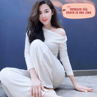 Jima - Set áo nhún eo cổ thuyền quần suông - Chất tăm hàn - S02 Set đồ nữ, set đồ nữ sang chảnh, áo nữ