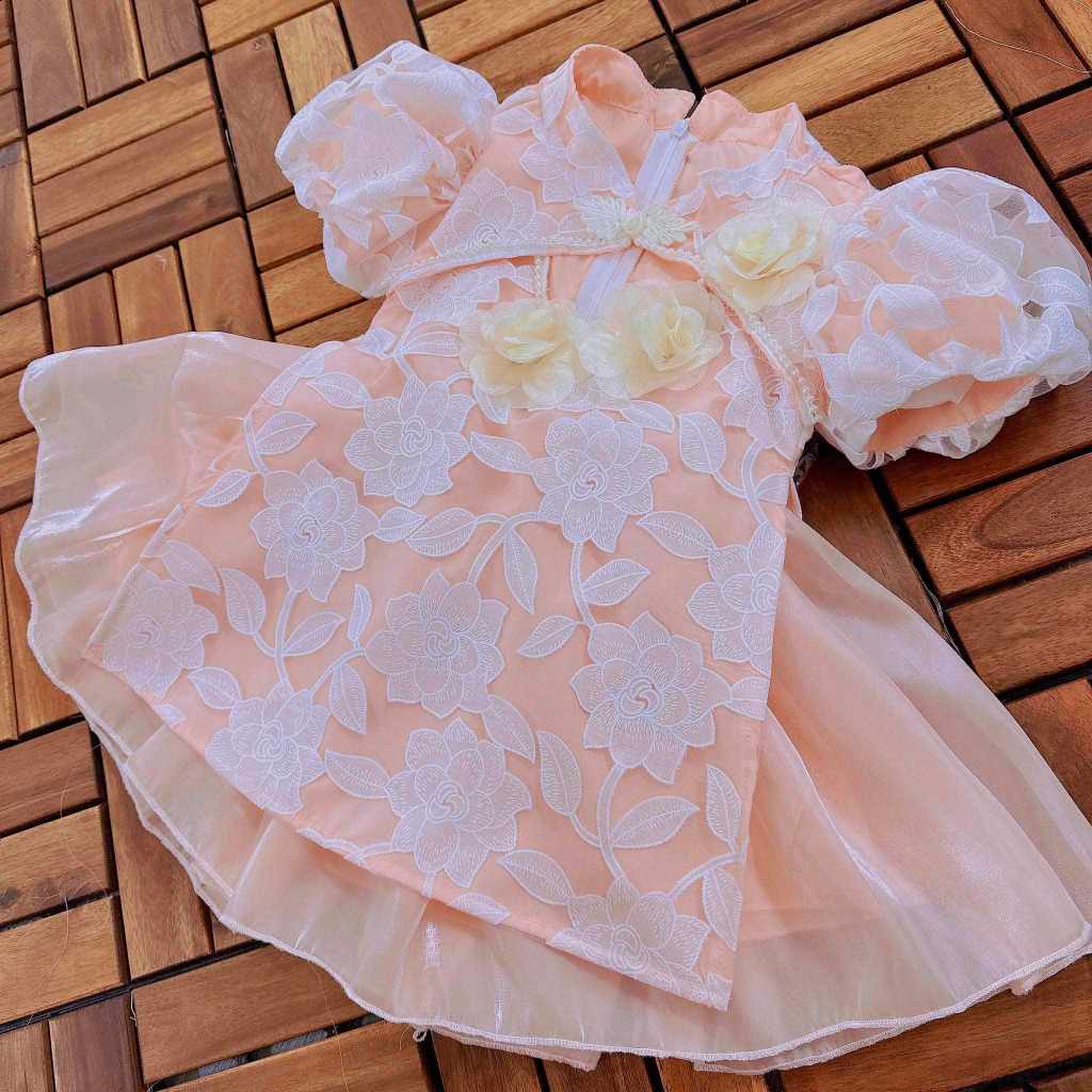 Áo Dài Cách Tân Cổ Tàu Ren Hồng 5-13 Kg,Áo Dài Tết Cho Bé Gái Chất Mềm Mịn