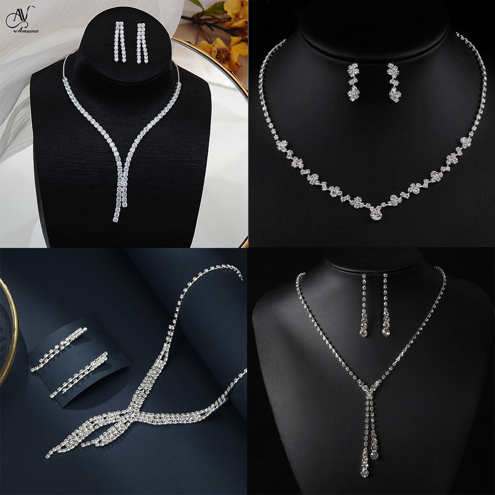 Set Dây chuyền và hoa tai AMUVEO vòng cổ choker mạ bạc cao cấp, đính đá toàn bộ, phong cách quyến rũ, sang trọng DC-14