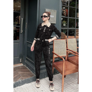 Bộ thu đông nữ Nhung cổ lông bo gấu có túi trước ngực ấm áp , thoải mái - quần áo huyền anh [M36]