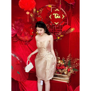 Đầm cúp ngực phối nơ eo đính đá