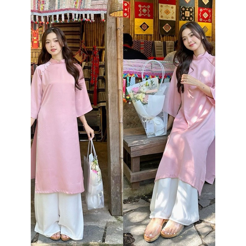 Set áo dài lụa cách tân đính cúc ngọc kèm quần phối màu