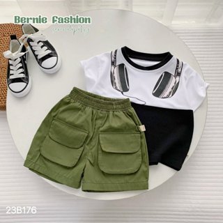 <8-22kg> Bộ quần kaki túi hộp Bernie phối áo cộc hình in tai nghe dễ thương cho bé trai mặc đi học, mặc đi chơi, mặc Tết