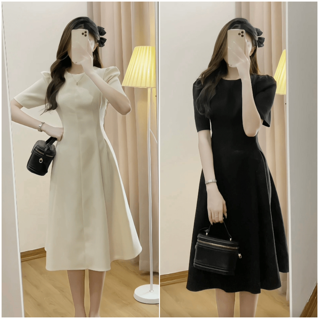 Váy nhung dáng dài cổ tròn, Đầm jemie dress nhung dáng dài tay phồng sang chảnh GiGi Store