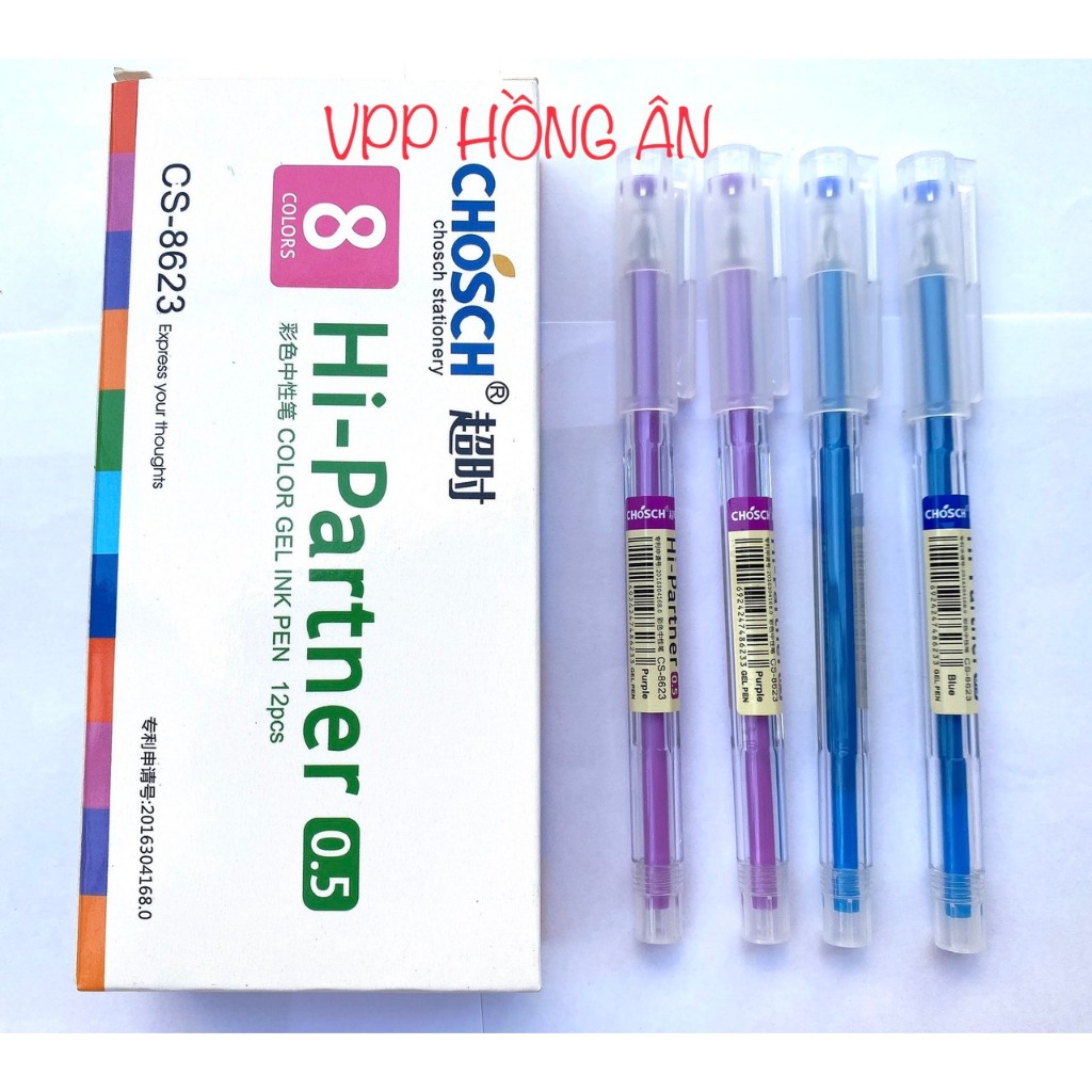 Hộp 12 Cây Bút Gel Chosch Hi-Partner CS-8623 Ngòi 0.5mm Mực Xanh, Tím